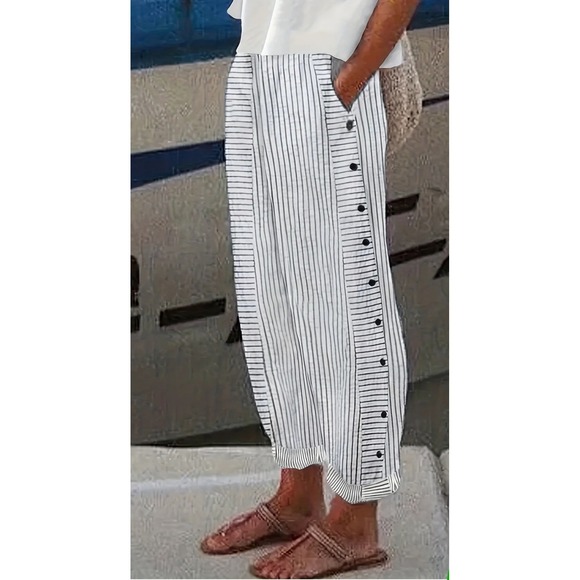 Women's 1XL Stripe‎ Side Buttons Wide Leg Pants Summer Beach Casual Boho Coastal - Picture 1 of 7